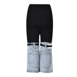 Women Color Block Stretch Denim Bell Bottom Cropped Pants