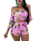 Women's Fashion Print Off Shoulder Bell Bottom Sleeve Two-Piece Set