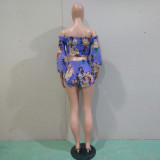 Women's Fashion Print Off Shoulder Bell Bottom Sleeve Two-Piece Set