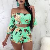 Women's Fashion Print Off Shoulder Bell Bottom Sleeve Two-Piece Set