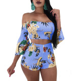 Women's Fashion Print Off Shoulder Bell Bottom Sleeve Two-Piece Set