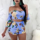 Women's Fashion Print Off Shoulder Bell Bottom Sleeve Two-Piece Set