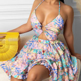 Women's Summer Sexy Cutout Halter Neck V-Neck Cake Dress