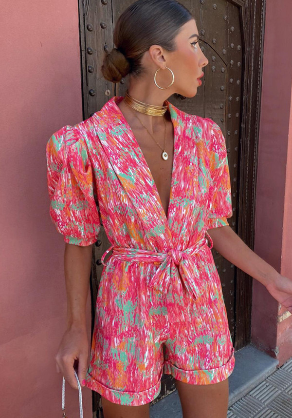 Women's Summer Deep V-Neck Puff Sleeve Short-Sleeved Printed Belt Elastic Waist Jumpsuit