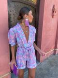 Women's Summer Deep V-Neck Puff Sleeve Short-Sleeved Printed Belt Elastic Waist Jumpsuit