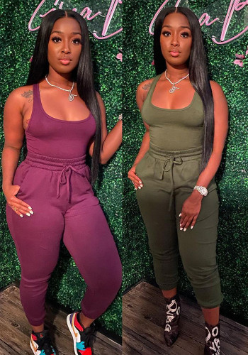 Women's Sexy Solid Vest Drawstring Trousers Two-Piece Set For Women