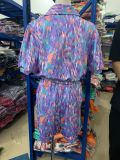 Women's Summer Deep V-Neck Puff Sleeve Short-Sleeved Printed Belt Elastic Waist Jumpsuit