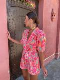 Women's Summer Deep V-Neck Puff Sleeve Short-Sleeved Printed Belt Elastic Waist Jumpsuit