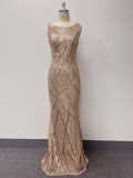 Women's Sleeveless Round Neck Luxury Rose Gold Party Dress Mermaid Glitter Long Plus Size Evening Gown