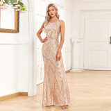 Women's Sleeveless Round Neck Luxury Rose Gold Party Dress Mermaid Glitter Long Plus Size Evening Gown
