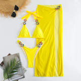 Bright diamond solid color mesh Three-Piece swimsuit bikini