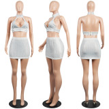 Sexy diamond-encrusted deep V-wrapped chest strap two-piece skirt set