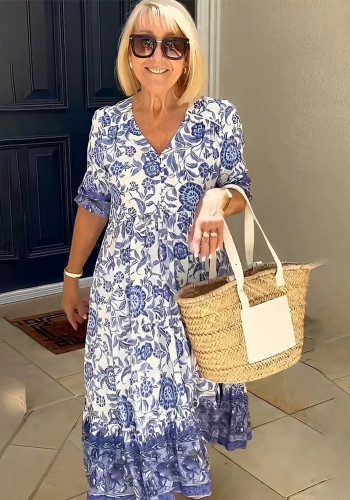Summer Chic Career Long Floral Tie-Dye Print Plus Size Loose Versatile Dress for Women