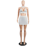 Sexy diamond-encrusted deep V-wrapped chest strap two-piece skirt set