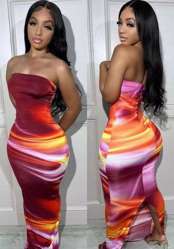 Women's Summer Sexy Off Shoulder Strapless Positioning Print Slit Dress