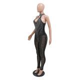 Sexy Cutout Beaded Sexy See-Through Zippered Jumpsuit Slim Fit Sleeveless Trousers