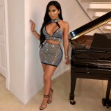 Sexy diamond-encrusted deep V-wrapped chest strap two-piece skirt set
