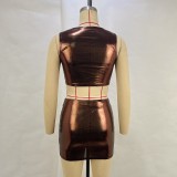 Women Summer Metallic Shiny Solid Round Neck Sleeveless Crop Top Bodycon Skirt Two-Piece Set