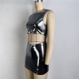Women Summer Metallic Shiny Solid Round Neck Sleeveless Crop Top Bodycon Skirt Two-Piece Set