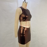 Women Summer Metallic Shiny Solid Round Neck Sleeveless Crop Top Bodycon Skirt Two-Piece Set