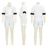 Women Solid Button Short Sleeve Top and Short Two-Piece Set