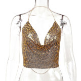 Women Sexy Sequin Backless Halter Neck Top