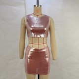 Women Summer Metallic Shiny Solid Round Neck Sleeveless Crop Top Bodycon Skirt Two-Piece Set