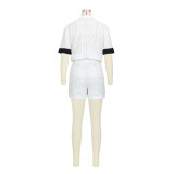 Women Solid Button Short Sleeve Top and Short Two-Piece Set