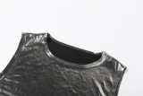 Women Summer Metallic Shiny Solid Round Neck Sleeveless Crop Top Bodycon Skirt Two-Piece Set