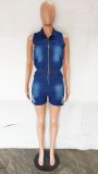 Women Slim Washed Ripped Zip Denim Jumpsuit