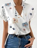 Summer Loose V-Neck Stand Collar Printed Short Sleeve Shirtwomen's Clothing