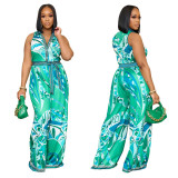 Women's Summer Print Sleeveless V Neck Wide Leg Jumpsuit