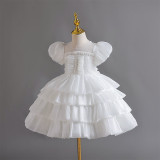 Girls Organza Puff Sleeve Cake Dress Children's Performance Birthday Fluffy Princess Dress