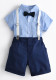 Boys Gentleman Suit Short Sleeve Striped Bow Tie Shirt Royal Blue Overalls Children's Day Clothing