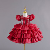 Girls Organza Puff Sleeve Cake Dress Children's Performance Birthday Fluffy Princess Dress