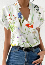 Summer Loose V-Neck Stand Collar Printed Short Sleeve Shirtwomen's Clothing
