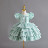 Girls Organza Puff Sleeve Cake Dress Children's Performance Birthday Fluffy Princess Dress