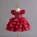 Girls Organza Puff Sleeve Cake Dress Children's Performance Birthday Fluffy Princess Dress
