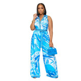 Women's Summer Print Sleeveless V Neck Wide Leg Jumpsuit