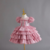 Girls Organza Puff Sleeve Cake Dress Children's Performance Birthday Fluffy Princess Dress