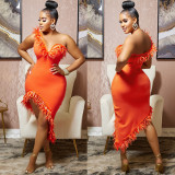 Solid color V-neck sleeveless feather irregular skirt dress