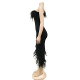 Solid color V-neck sleeveless feather irregular skirt dress