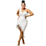 Solid color V-neck sleeveless feather irregular skirt dress