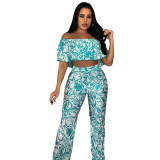 Women's Off Shoulder Wrap Crop Slim Waist Pants Two-Piece Set