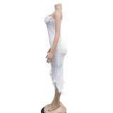 Solid color V-neck sleeveless feather irregular skirt dress