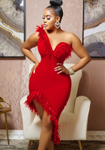 Solid color V-neck sleeveless feather irregular skirt dress Solid color V-neck sleeveless feather irregular skirt dress