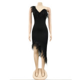 Solid color V-neck sleeveless feather irregular skirt dress