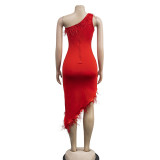 Solid color V-neck sleeveless feather irregular skirt dress