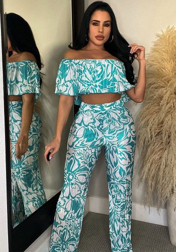 Women's Off Shoulder Wrap Crop Slim Waist Pants Two-Piece Set