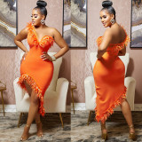 Solid color V-neck sleeveless feather irregular skirt dress